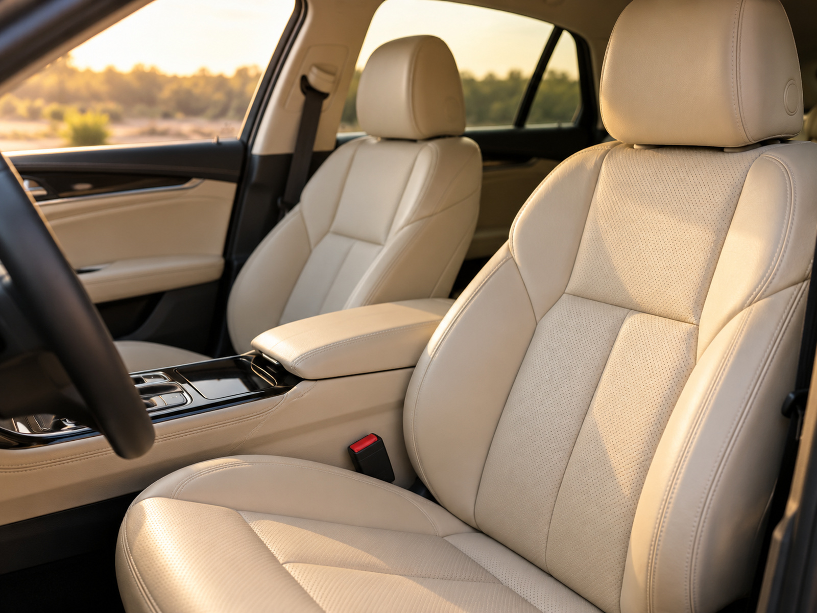 Cream leather car seat after conditioning, soft warm light