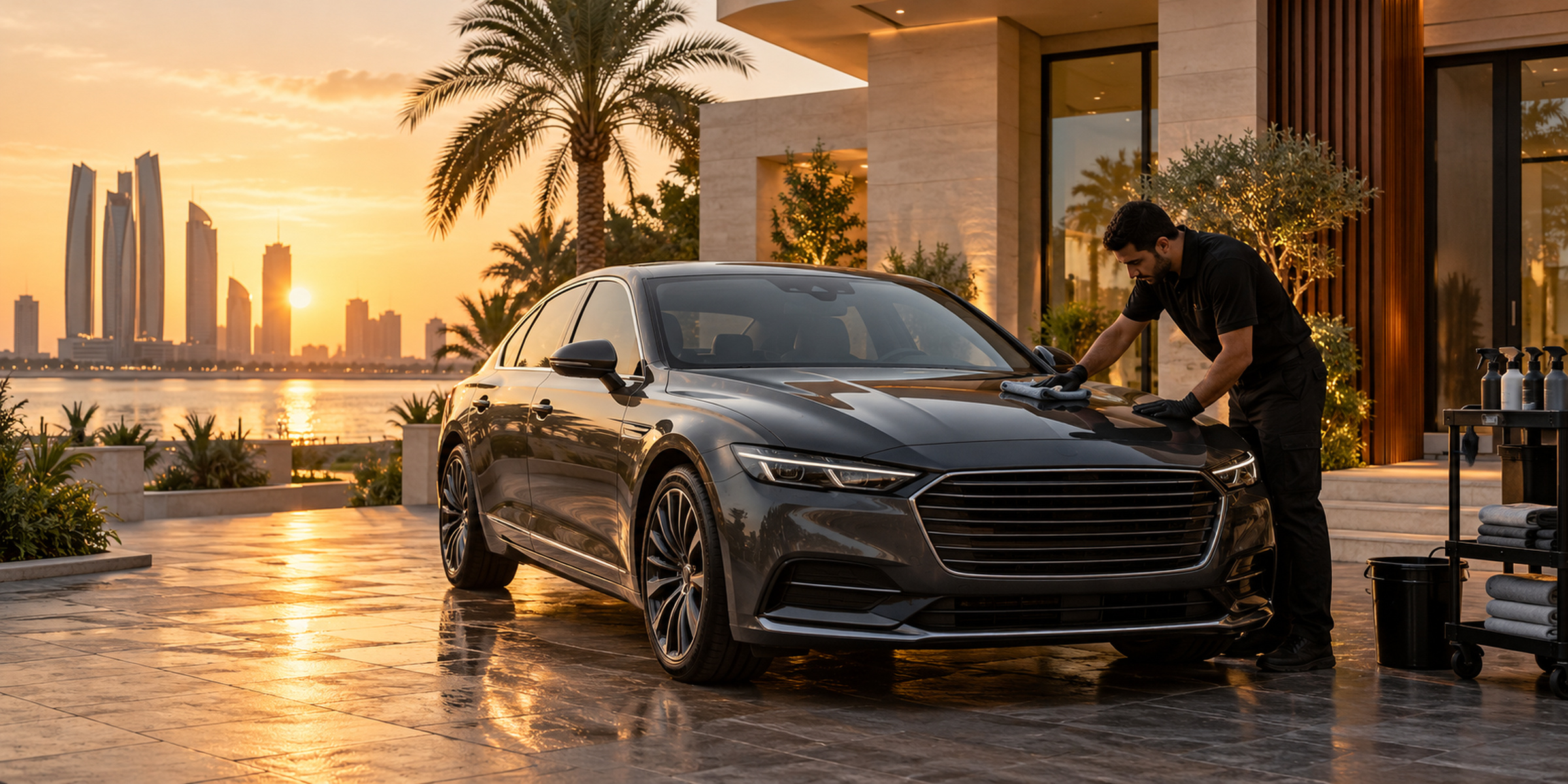 Elegant sedan in front of a modern Abu Dhabi villa at golden hour, wide, generic unbranded car, no logo, no plate